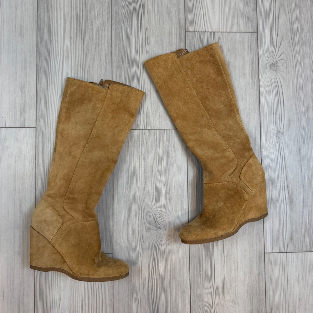 Nine West Vienneo Tan Suede Wedge Tall Boots Size 9M Camel Knee High Zipper